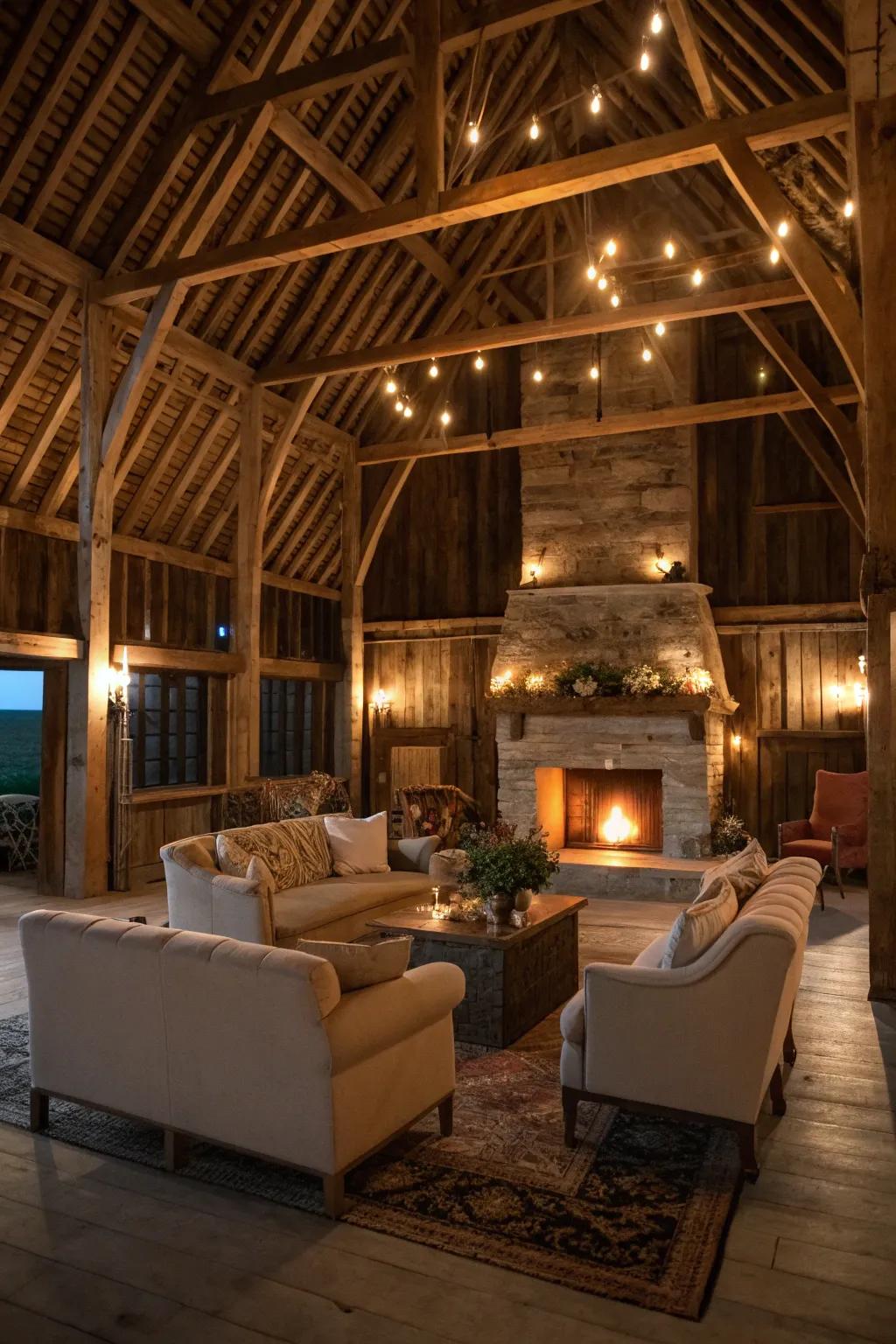 A snug barn loft living area with seating around a key fireplace.