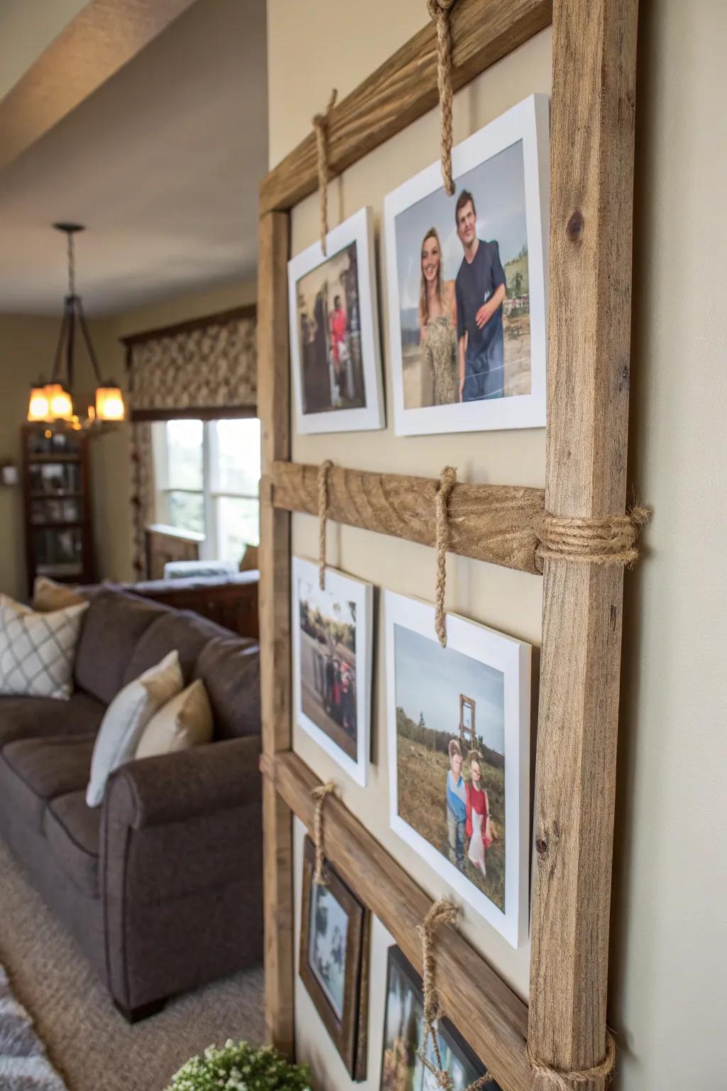 DIY reclaimed wood image collage with hemp twine.