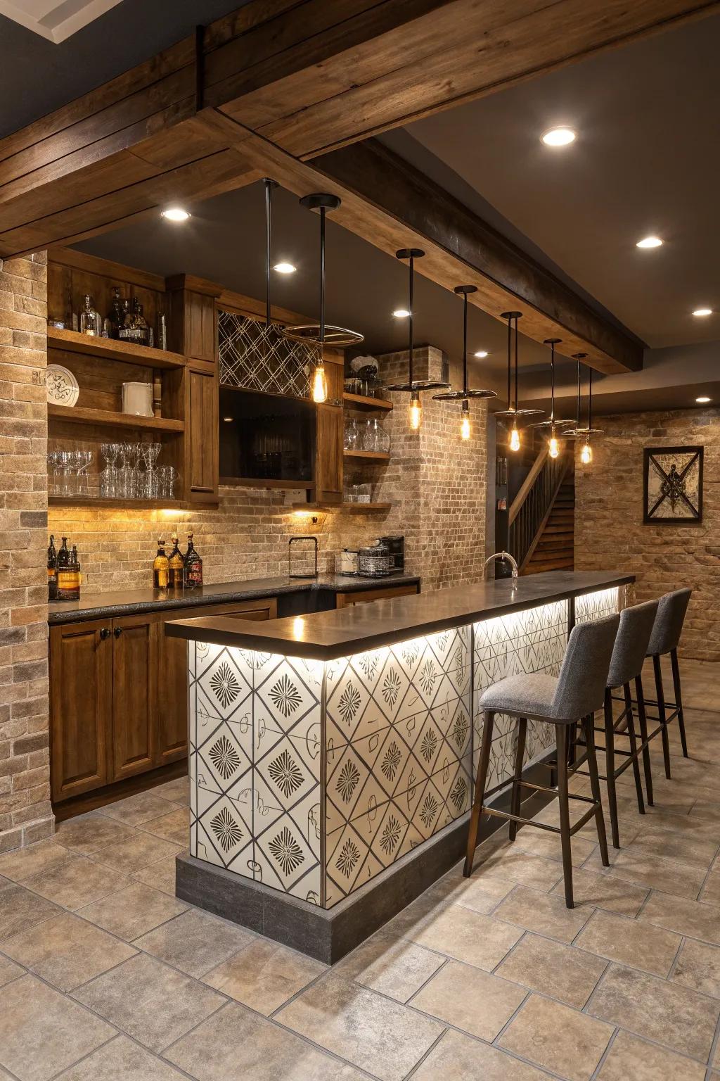 A unique backsplash provides character to your basement bar.