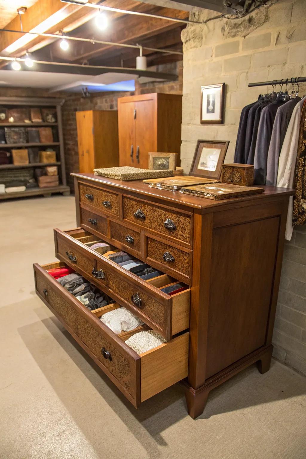 Reassigned furniture contributes charm and storage to the cellar.