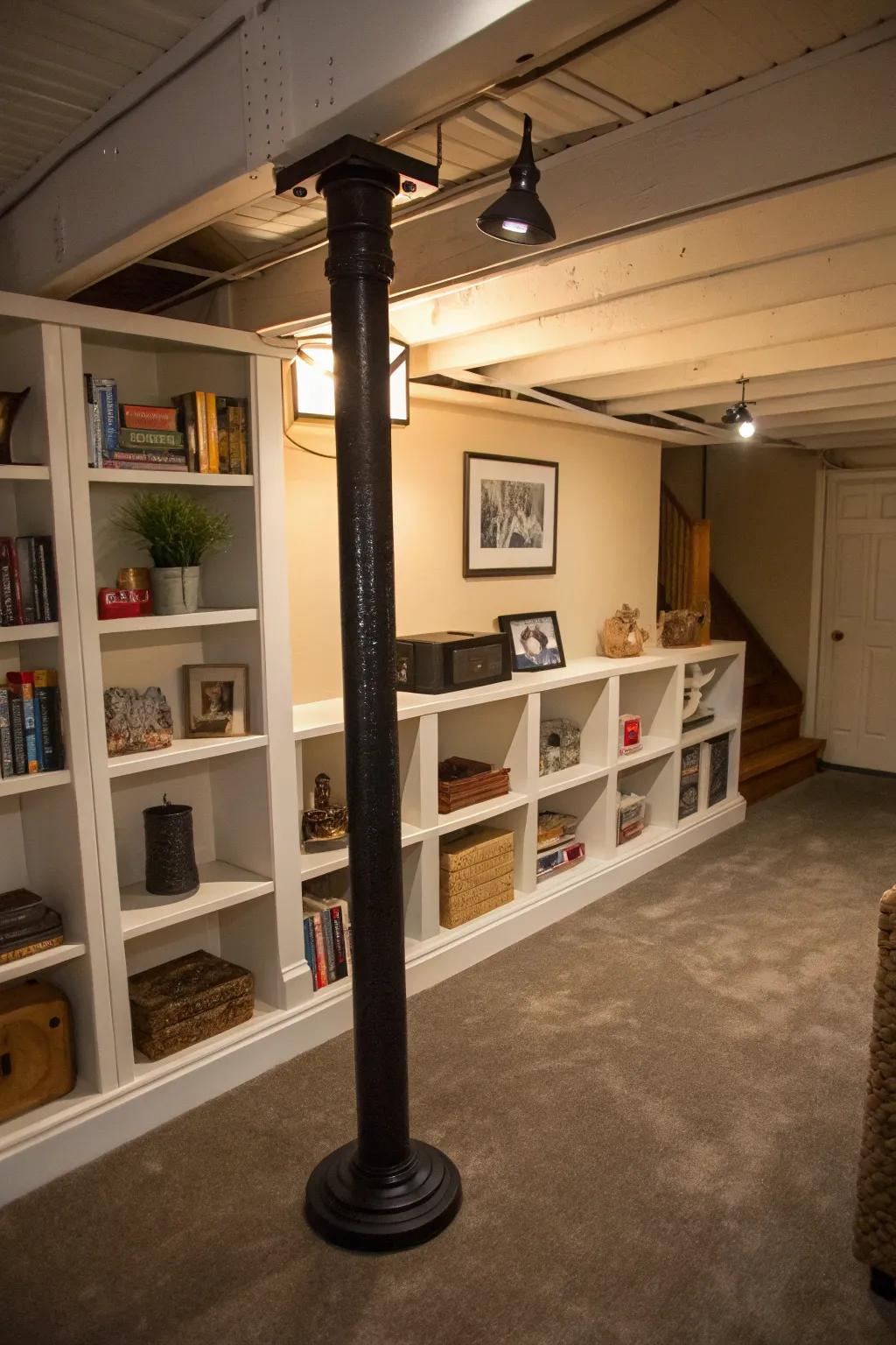 Functional shelving turns basement poles into useful features.