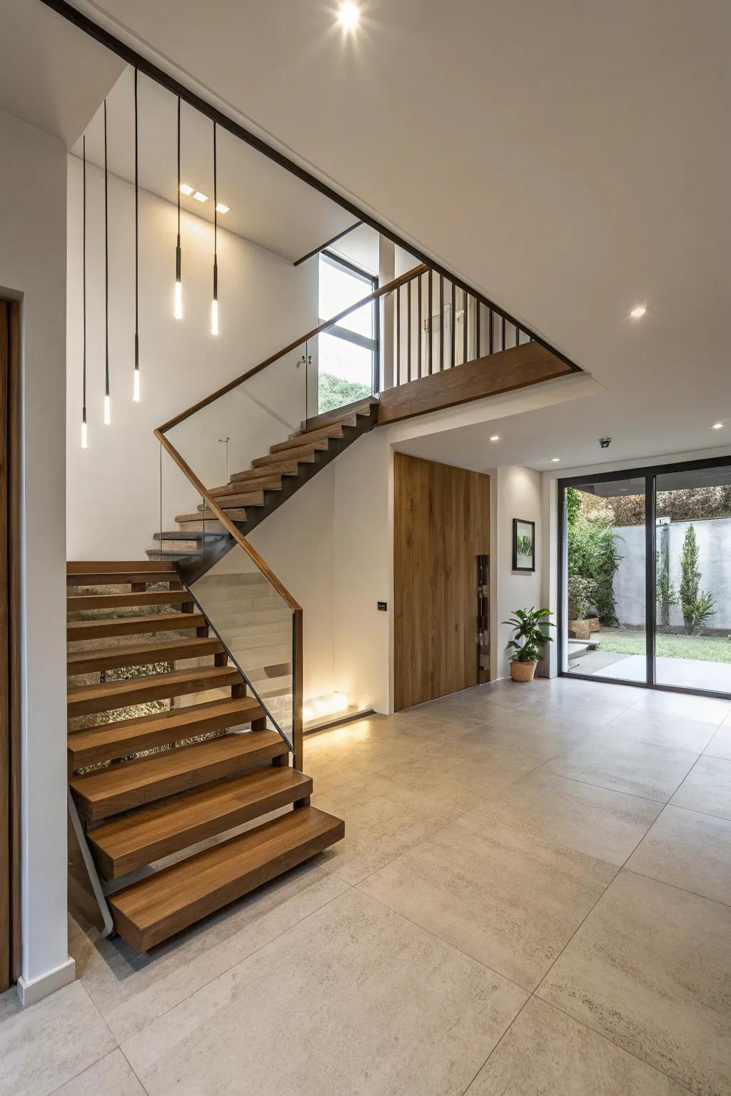 Floating stairs present a streamlined and contemporary aesthetic.