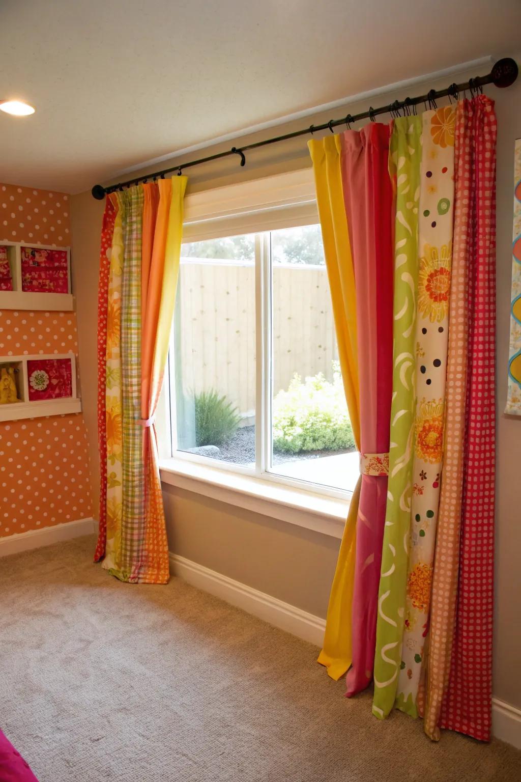 Bright drapes can add a splash of color to your basement.