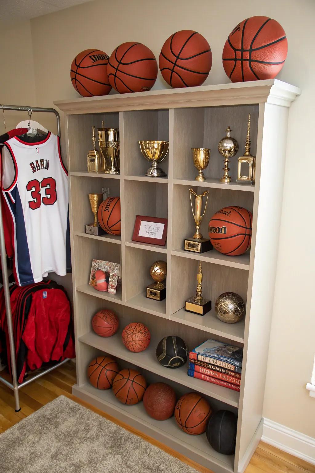 Functional shelving enhanced with basketball-centric accents.