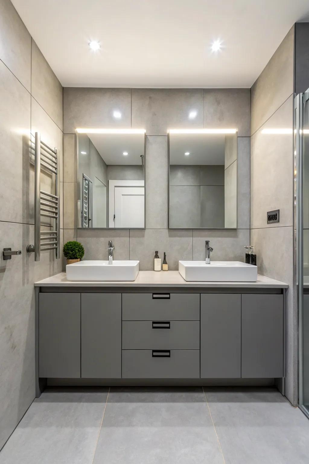 Subtle gray cabinets offer contemporary elegance and versatility.