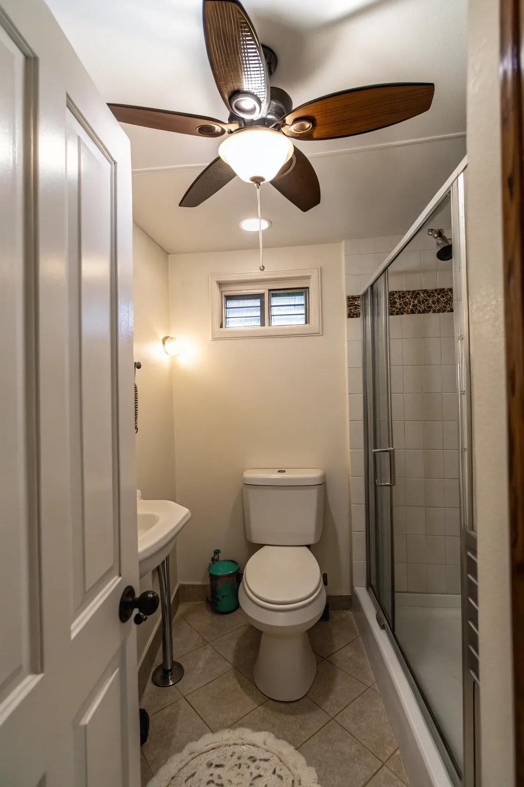 A compact bathroom featuring an efficient fan with illumination.