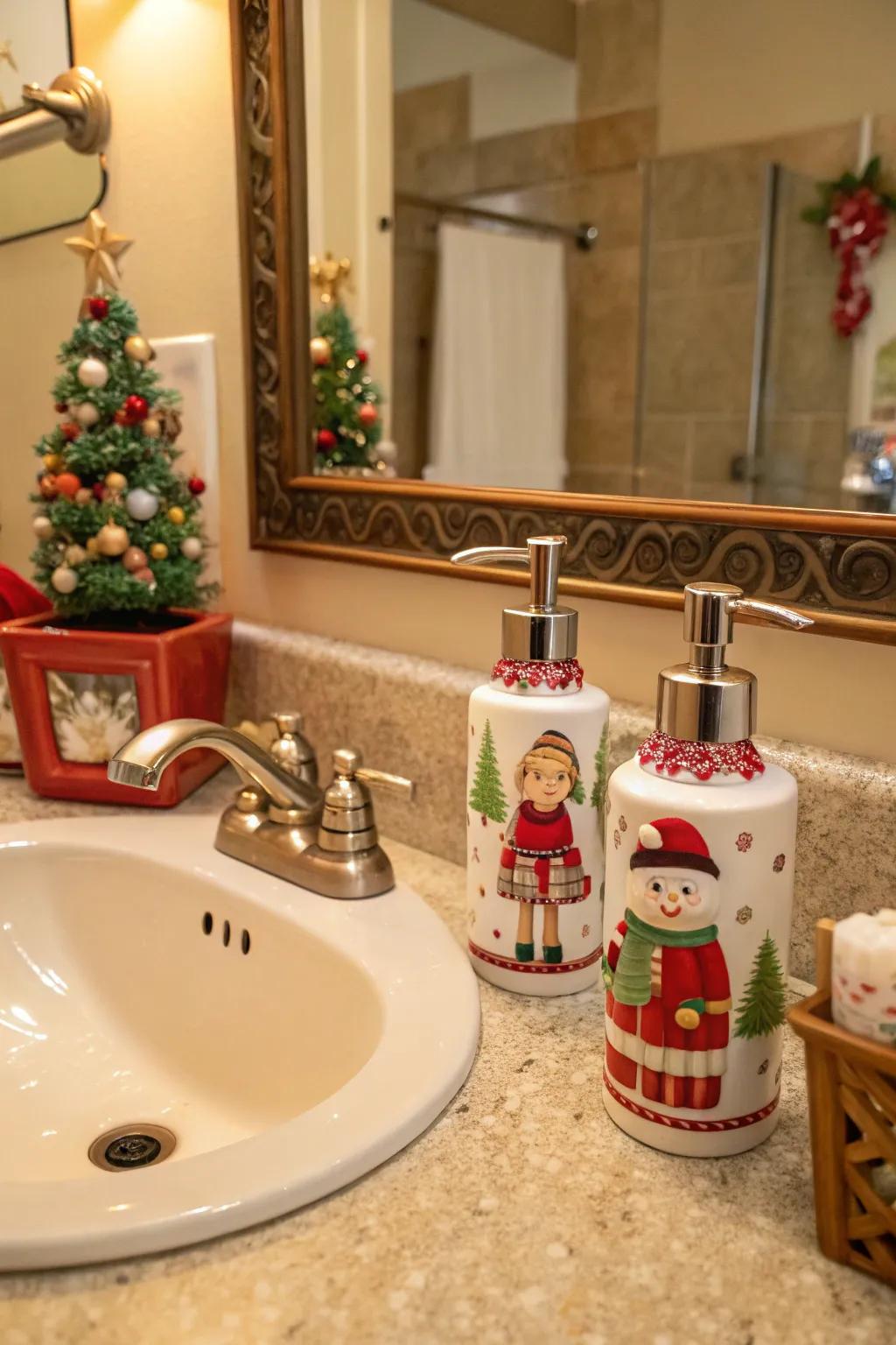 Seasonal decorations like soap dispensers add a fun holiday touch.
