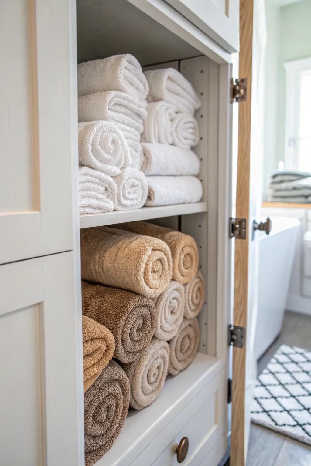 Rolled towels give your closet a spa-inspired feel.