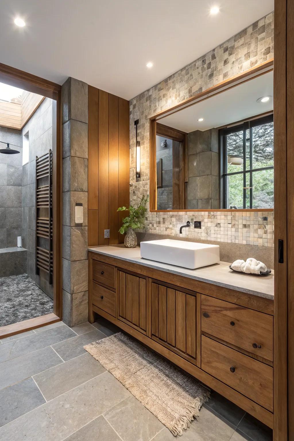 Blend textures to add interest and depth to your bathroom's appearance.