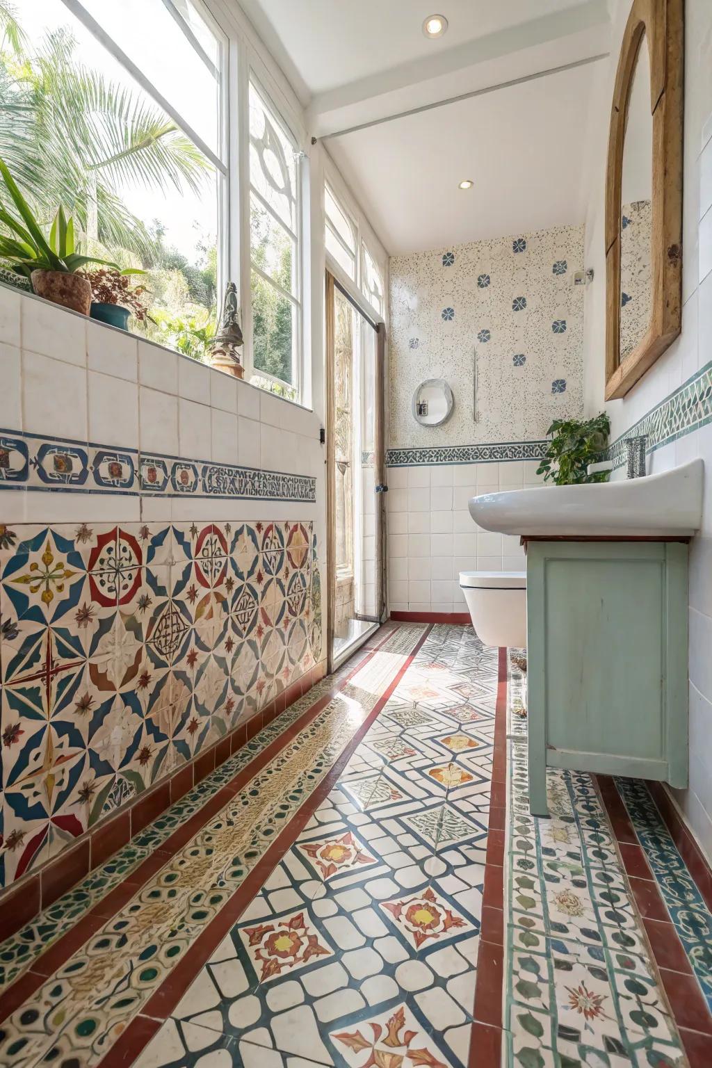 A bathroom showcasing elaborate tile designs that impart character and charm to the space.