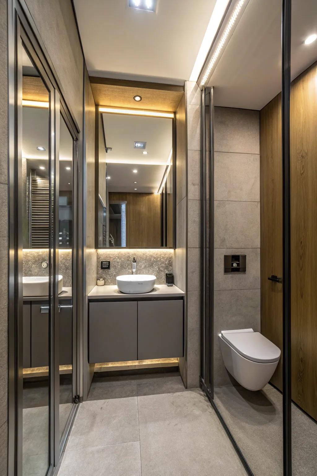 Both space and functionality are enhanced by mirrored panels.
