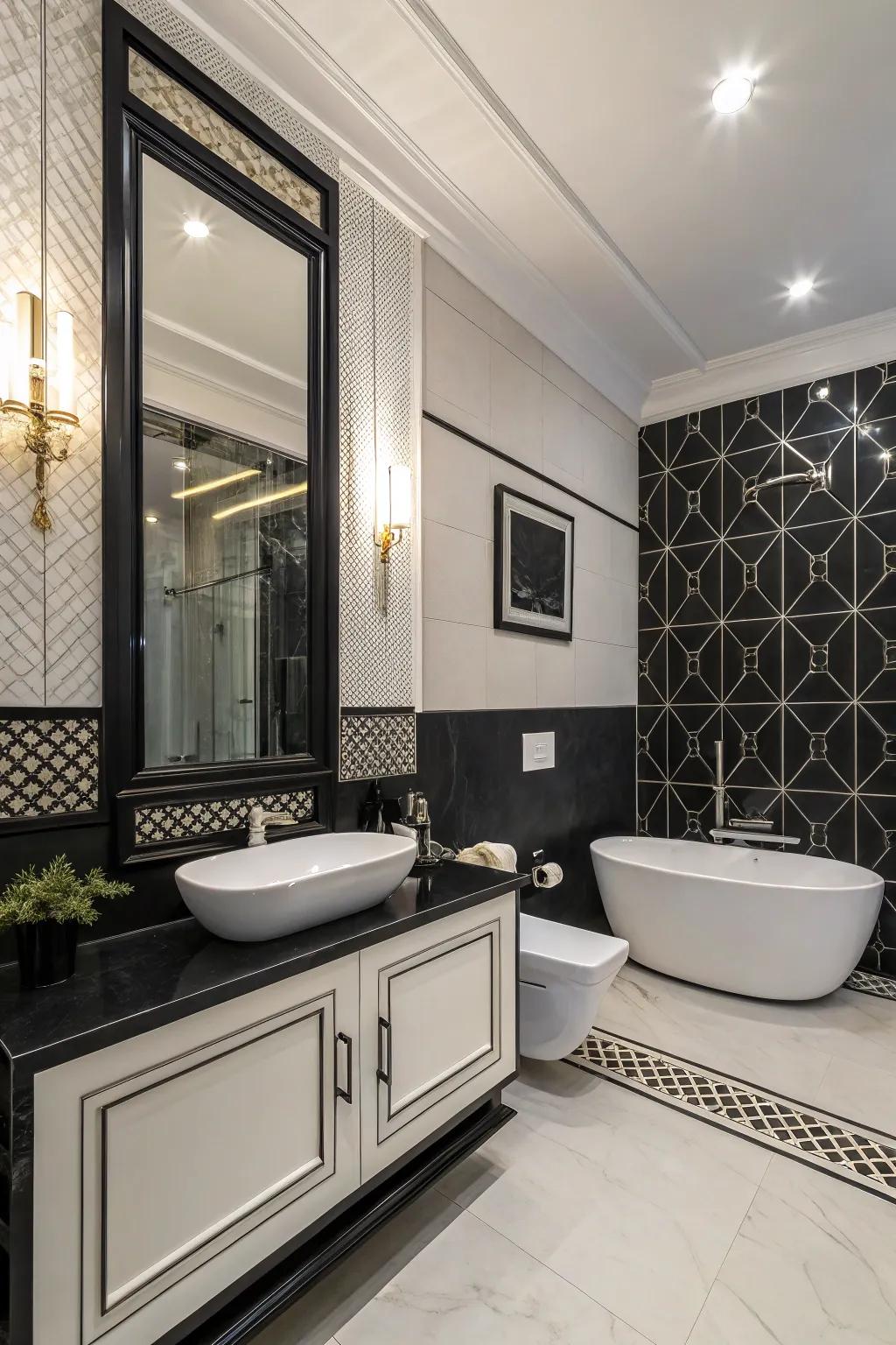 A sophisticated ebony and ivory bathroom with sleek elegance.
