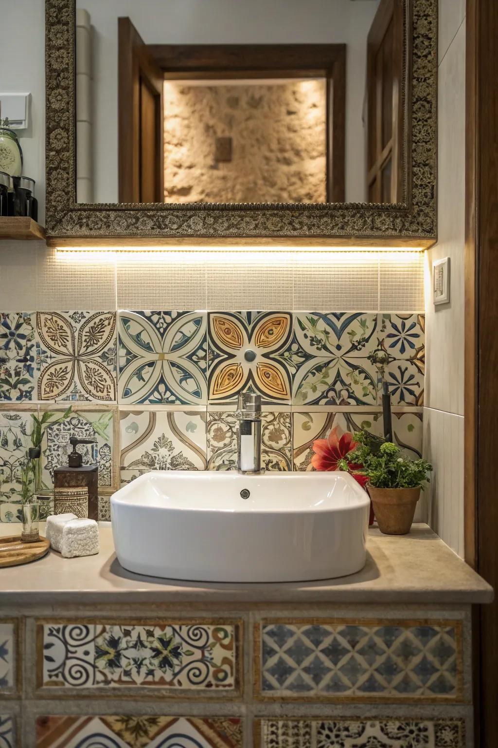 Elaborate backsplashes and tiles enhance the sink area.