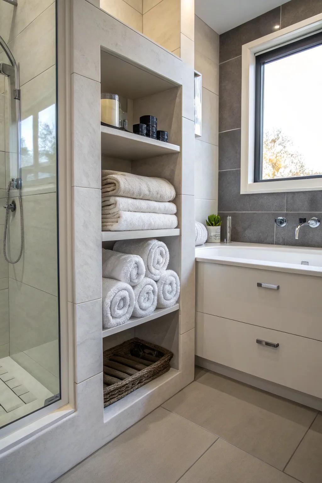 Built-in niches bring a touch of class and function to towel storage.