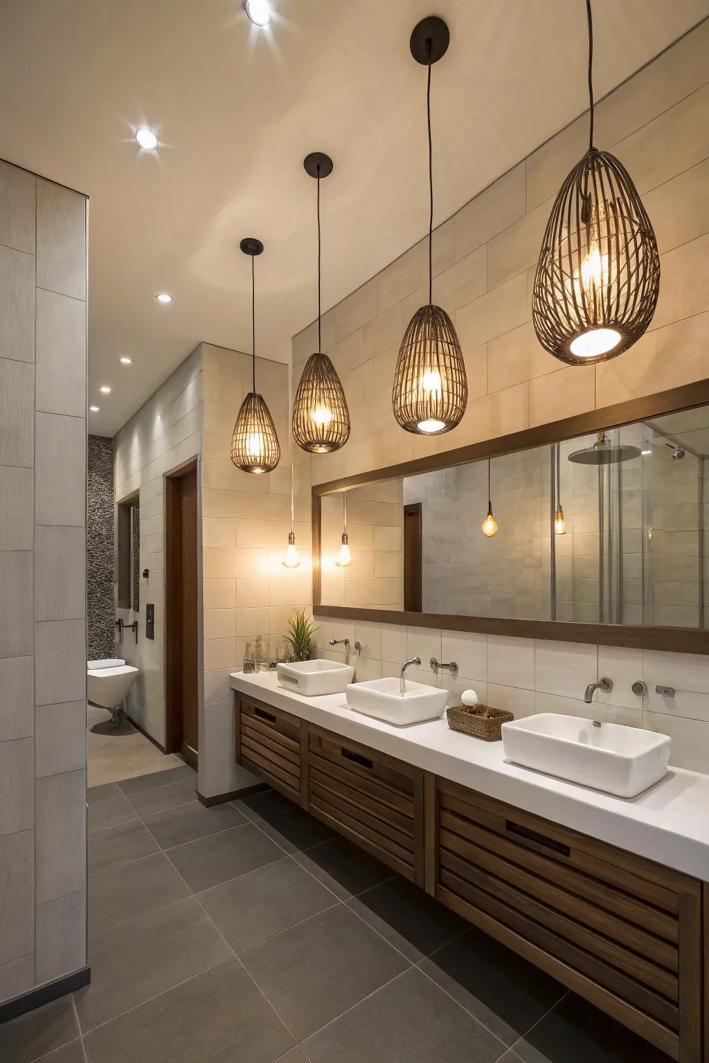 Hanging lights add drama and depth to your bathroom.