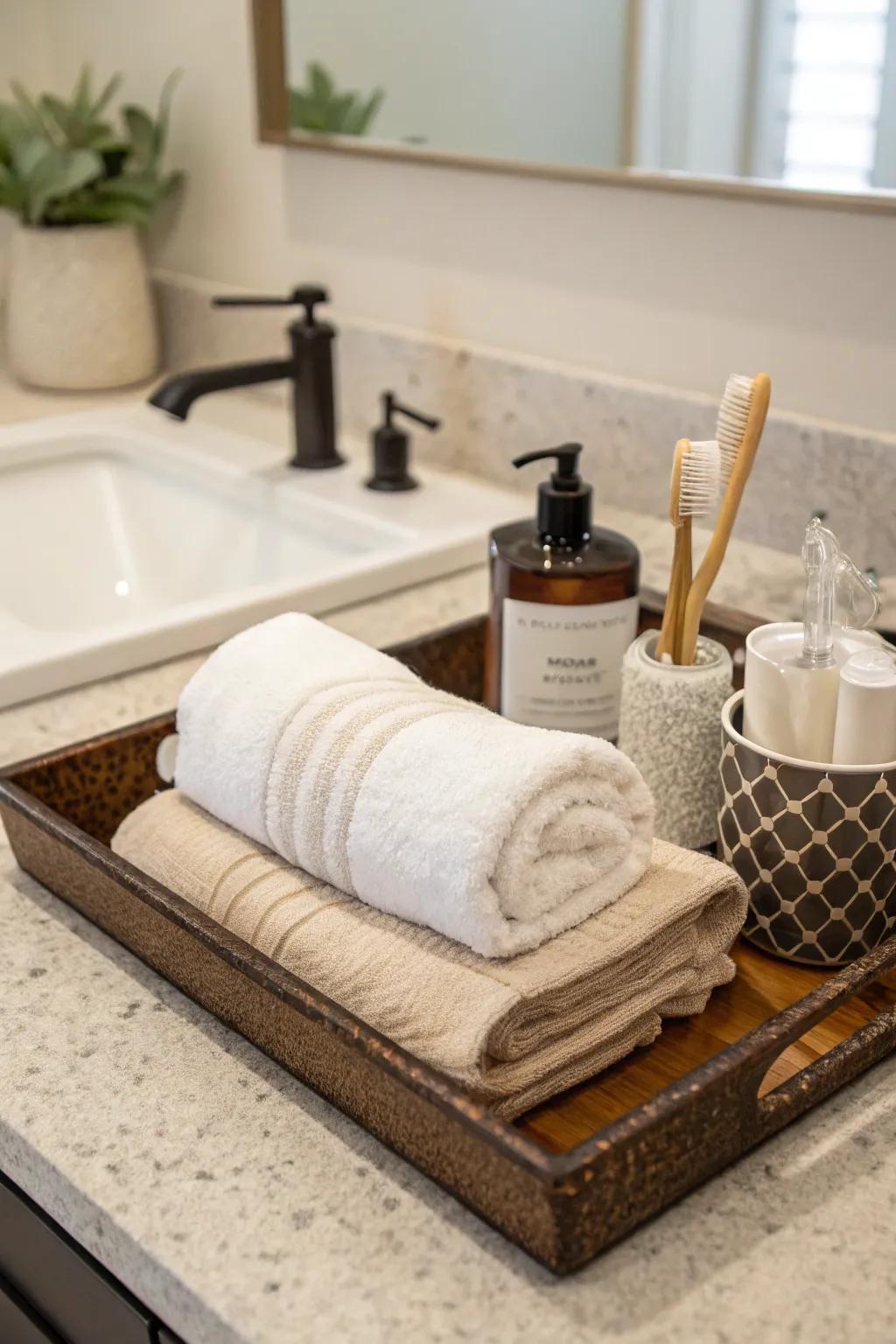 Cloths enhance the staging surface with both usefulness and texture.