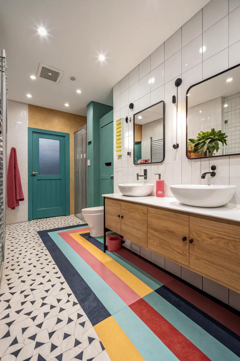 Colorful resilient flooring provides contrast and vibrancy to this bathroom.