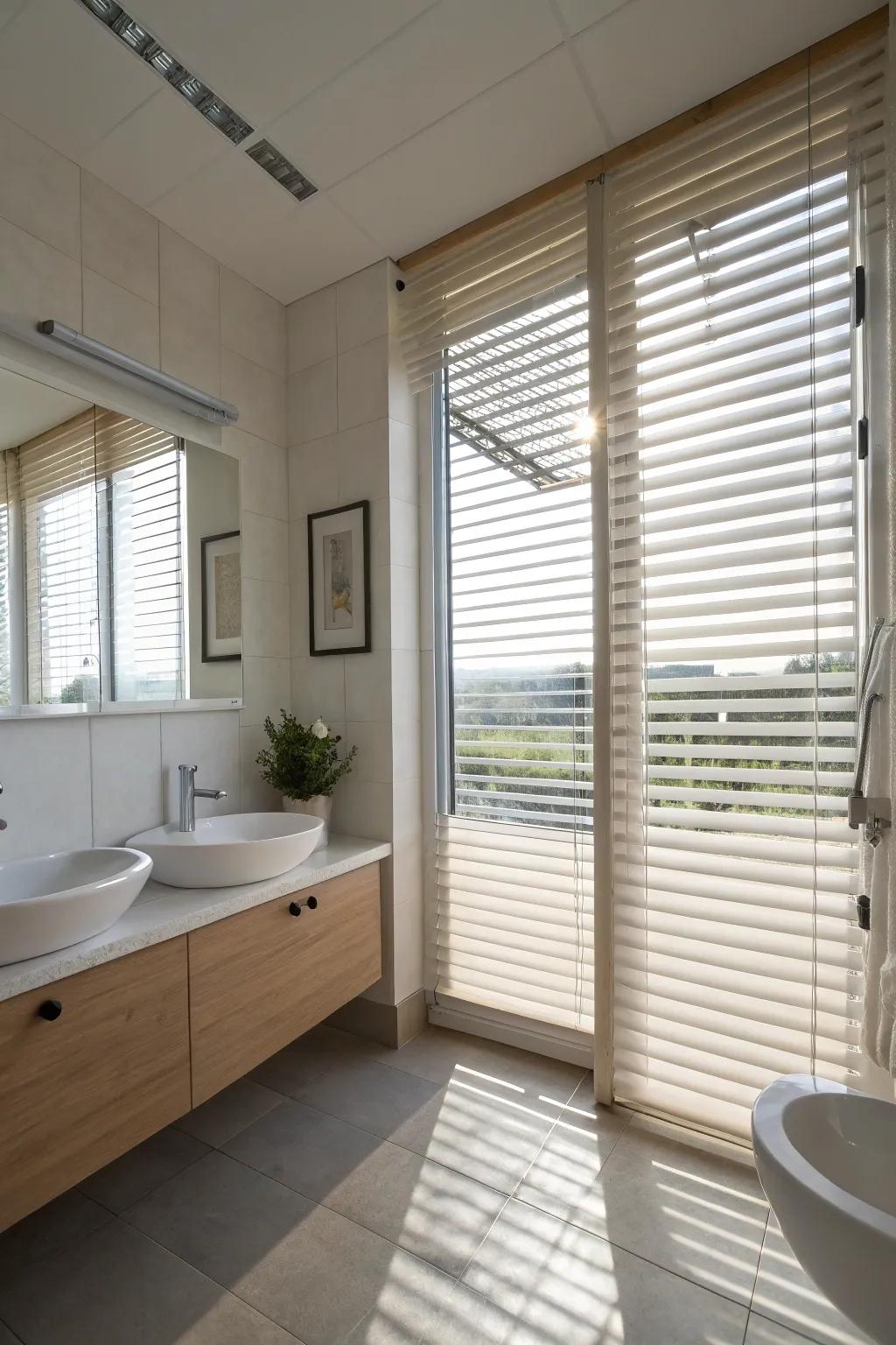 Adaptable slats delivering customizable light and privacy within the bathroom.