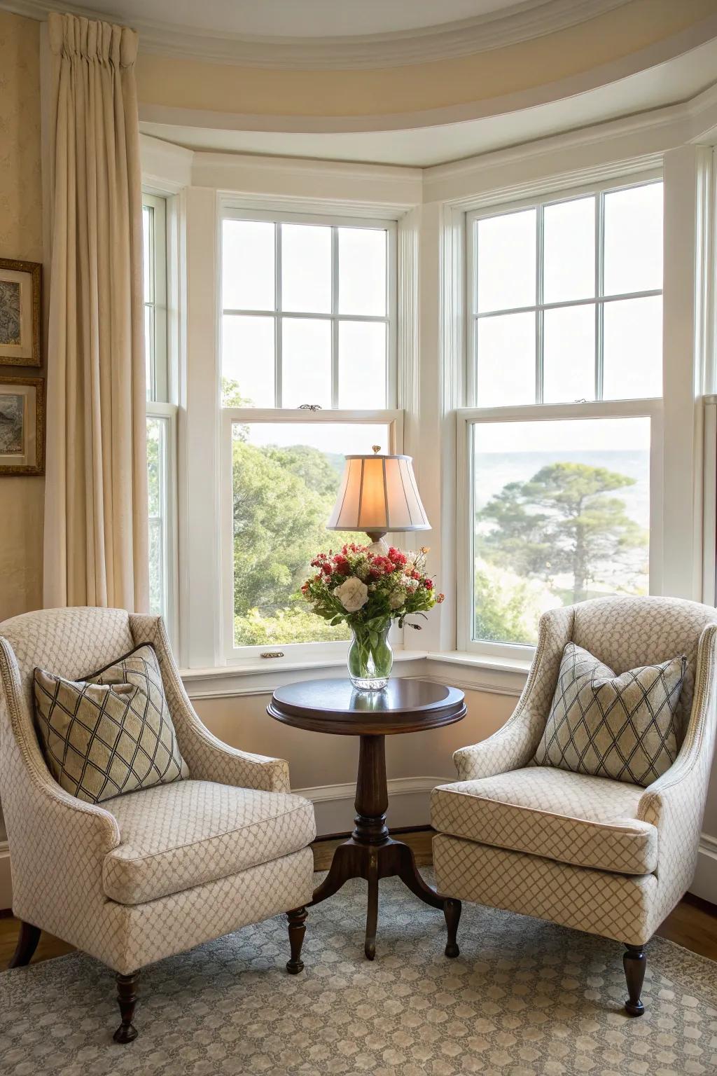 Symmetrical seating improves both practicality and elegance in your bay window setting.