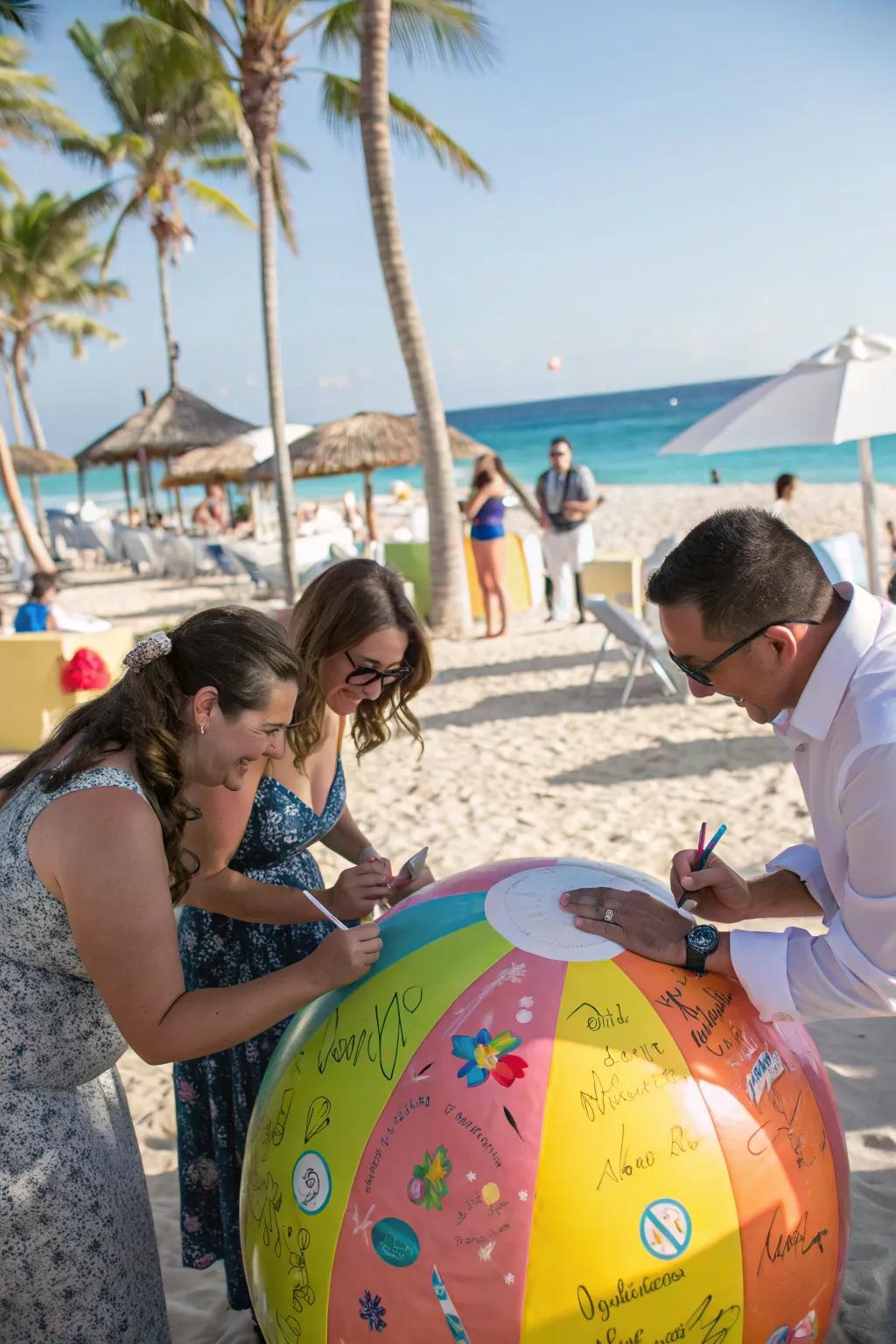 Incorporating a beach ball as a guest book provides a playful alternative for attendees to sign.
