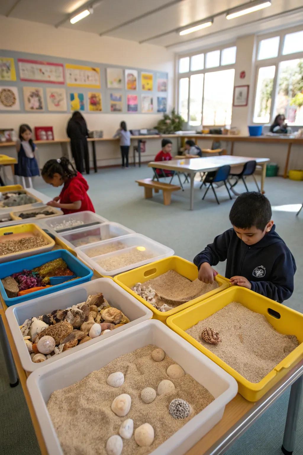 Ocean shell sensory containers in the classroom foster tactile learning and exploration.