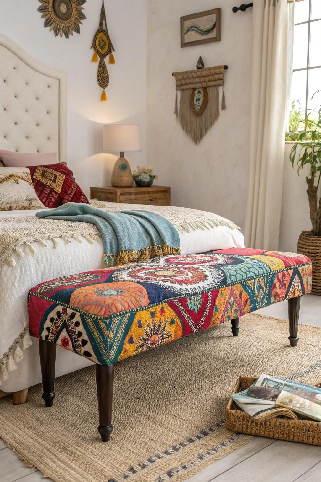 Bohemian benches bring color and personality to your bedroom.