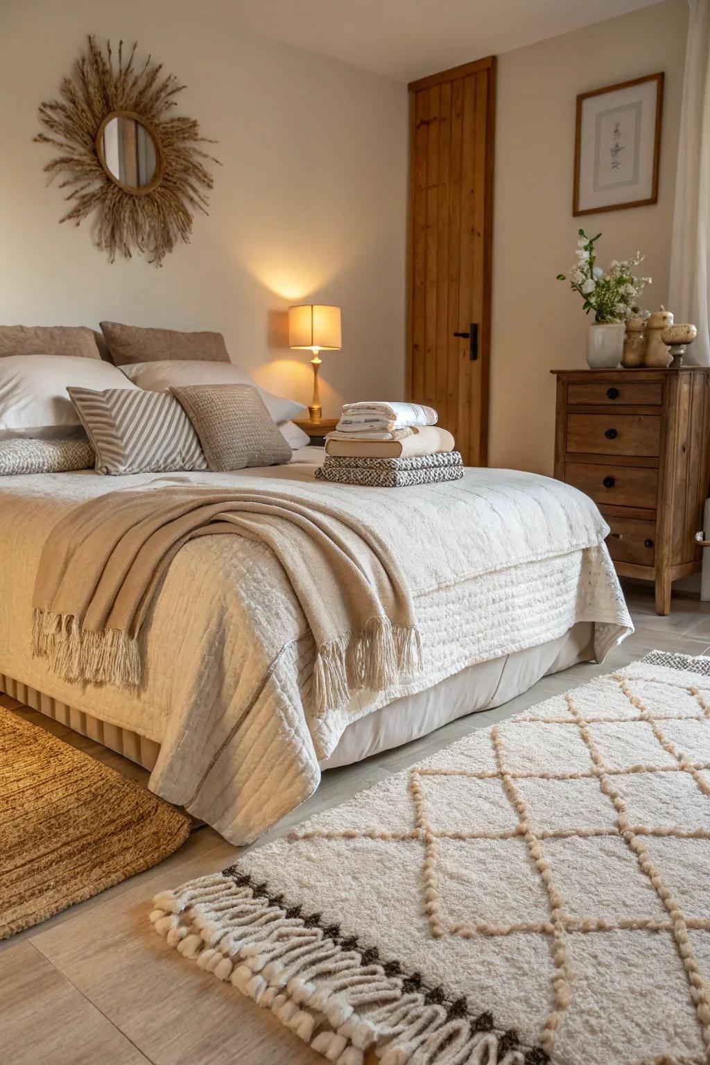 Layered surfaces enrich your bedroom's aesthetic with depth and warmth.