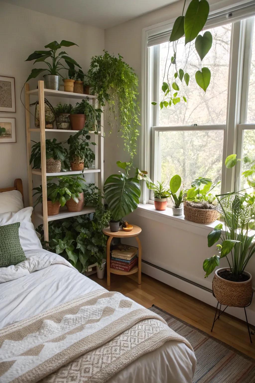 Indoor plants add freshness and a touch of nature to this vibrant bedroom.