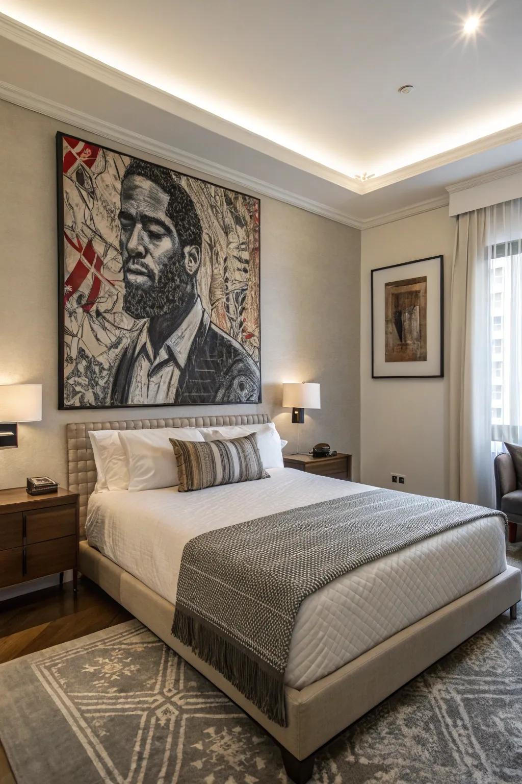 Striking artwork acts as a captivating centerpiece in this bedroom.