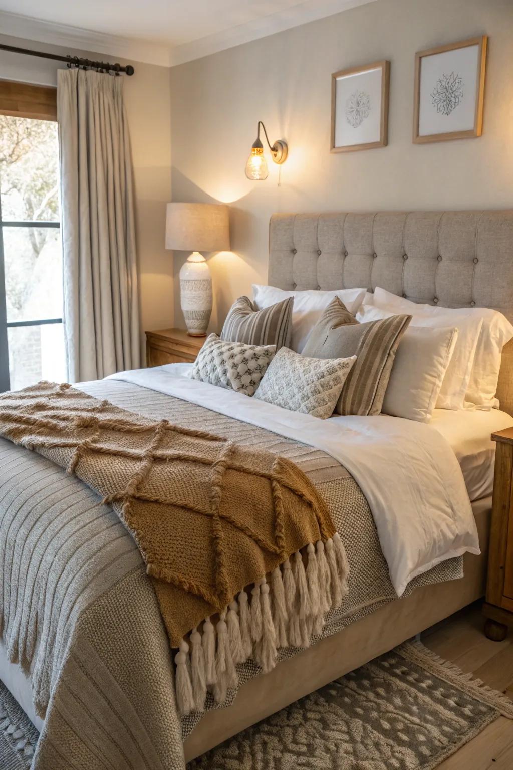 Layered bedding enriches this bedroom with luxury and comfort.