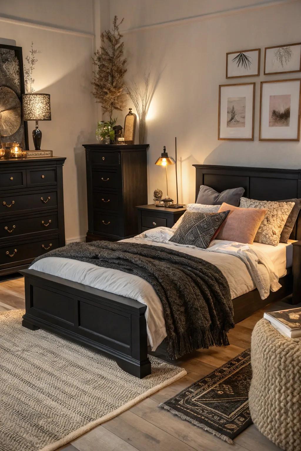 Textures such as velvet and weaves contribute depth and coziness to a dark furnished bedroom.