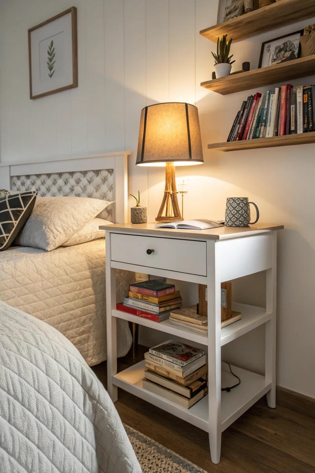 Use your desk as a nightstand to save space.