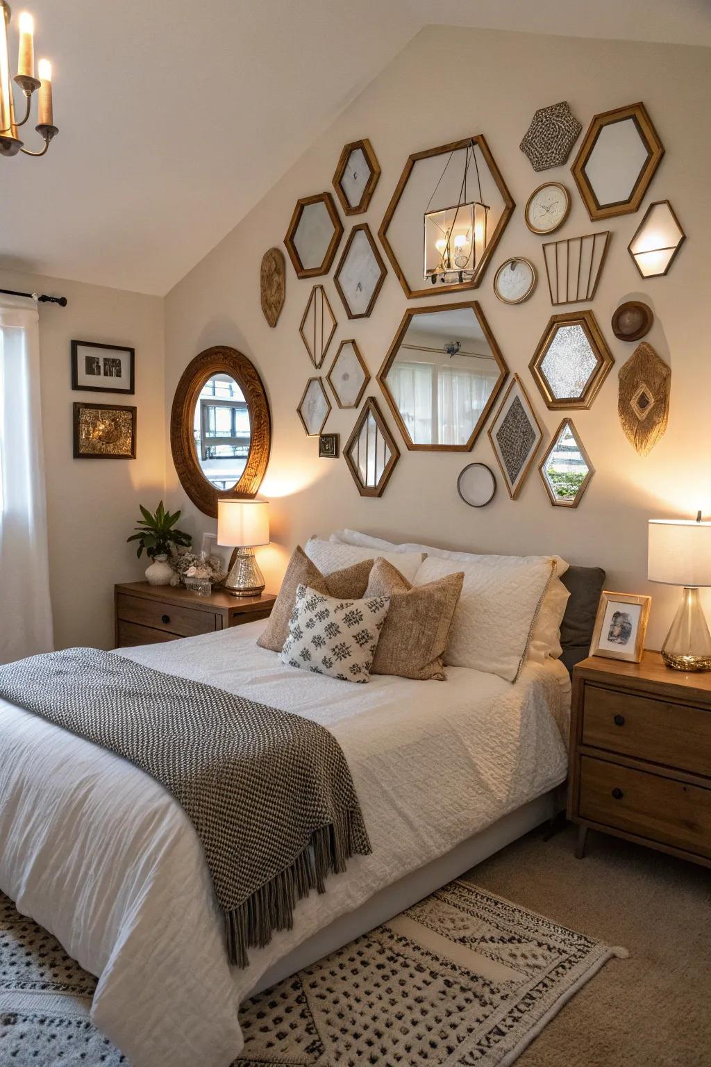 A mirror wall design adds character and vibrancy to the bedroom.