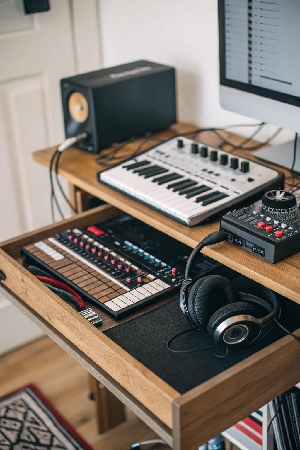 A small desk with storage helps maintain a tidy and efficient studio.