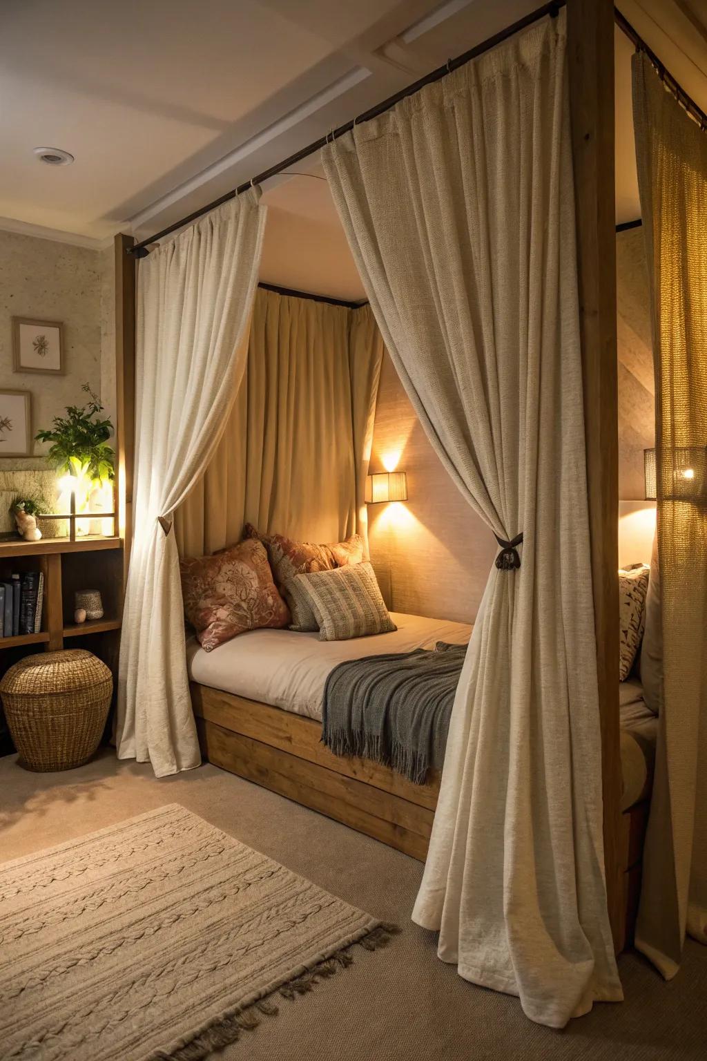 A bedroom nook with curtains, providing a private and cozy retreat.