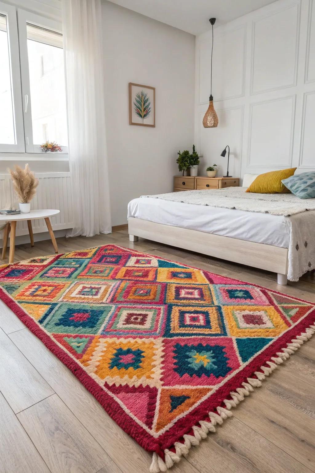 A colorful rug brightens a neutral space.