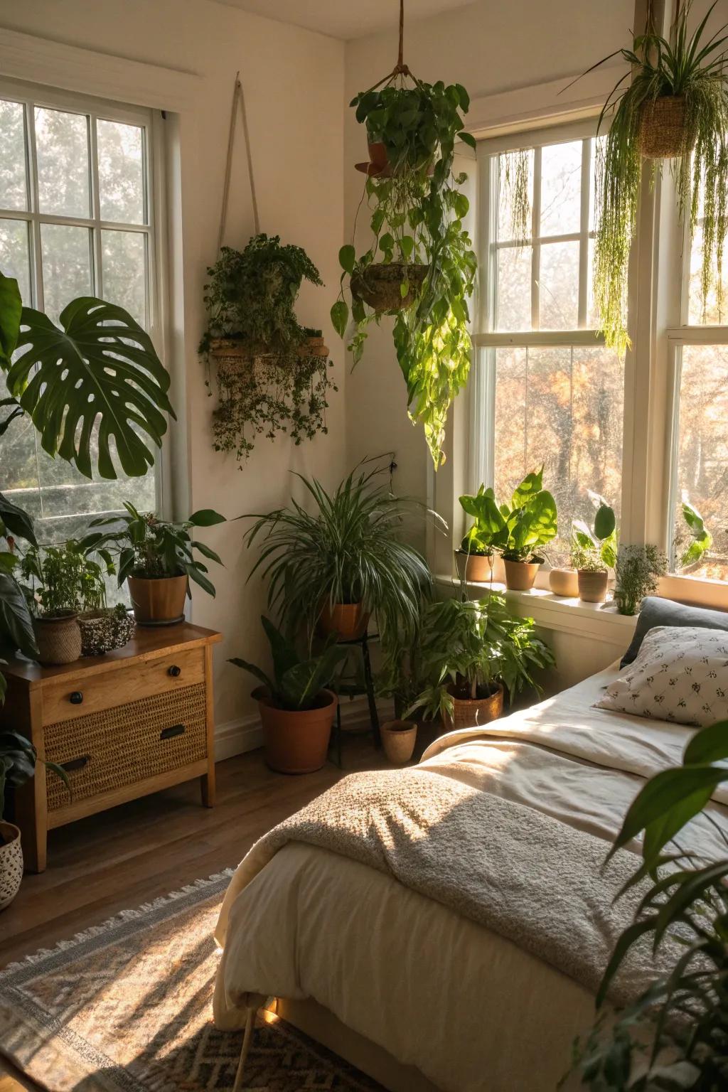 Indoor plants give life and freshness to the bedroom.