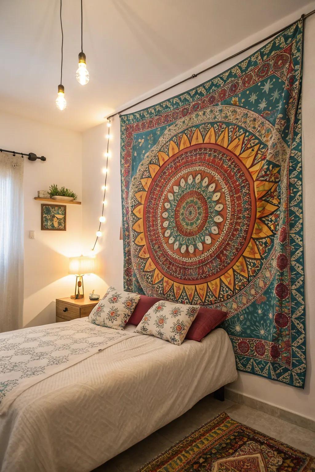 Diverse wall decor adds vibrancy and artistic style to bedroom walls.