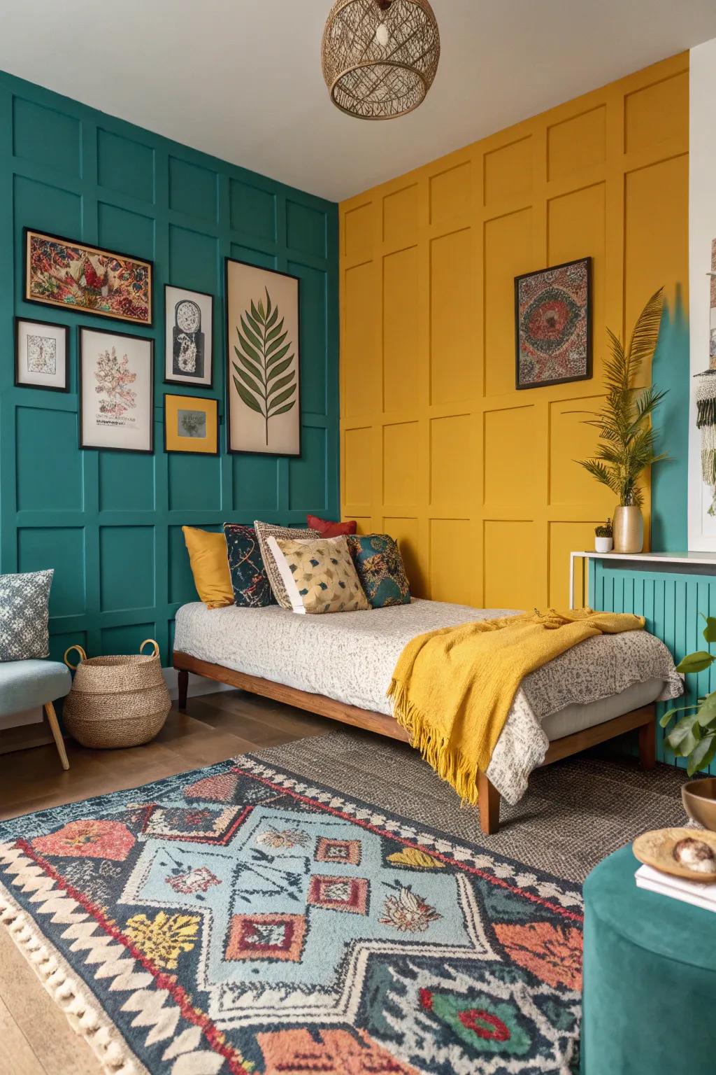 Color blocking brings drama and personality to your bedroom.