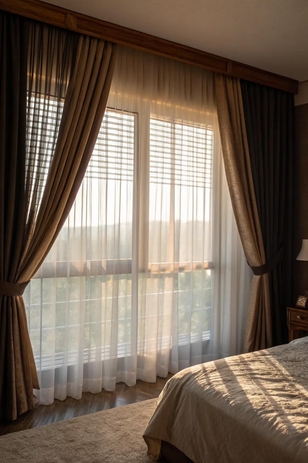 Layering window treatments allows for flexible light and privacy control.