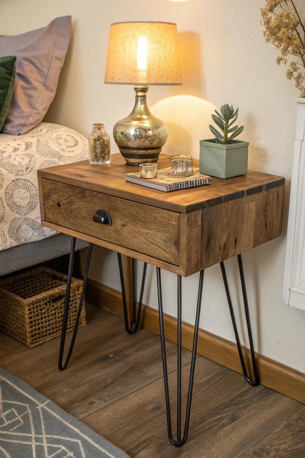 Wood and metal unite for a sophisticated appearance.