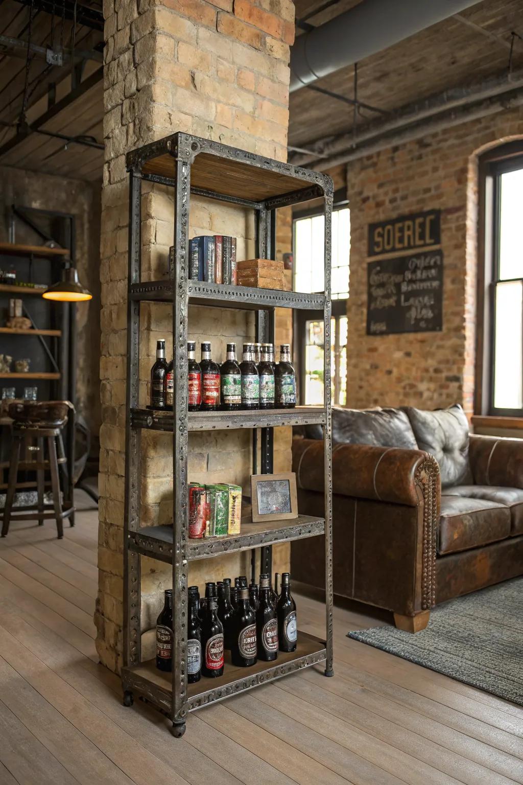 Antique metal racking with ale bottles in a mechanical-style parlor.