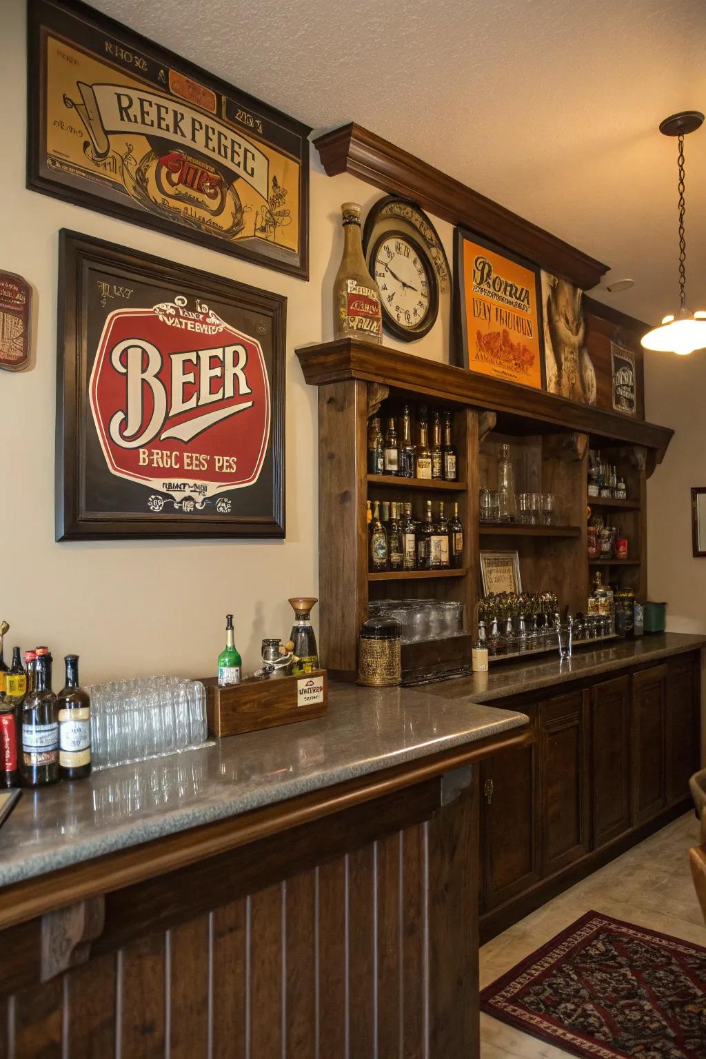 Vintage beverage adverts add a nostalgic touch to your decor.