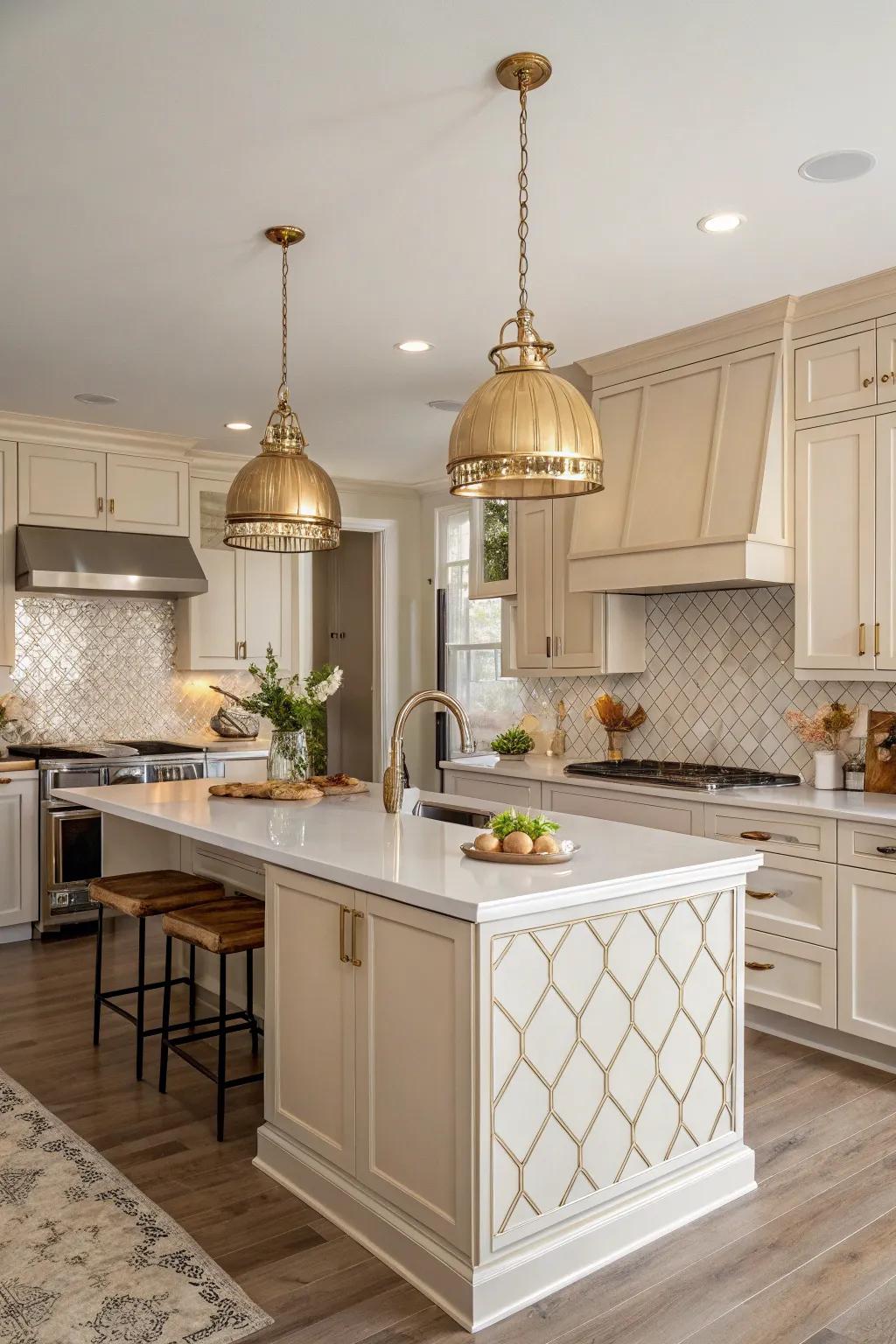 Brass pendant lights contribute warmth and sophistication to the area.