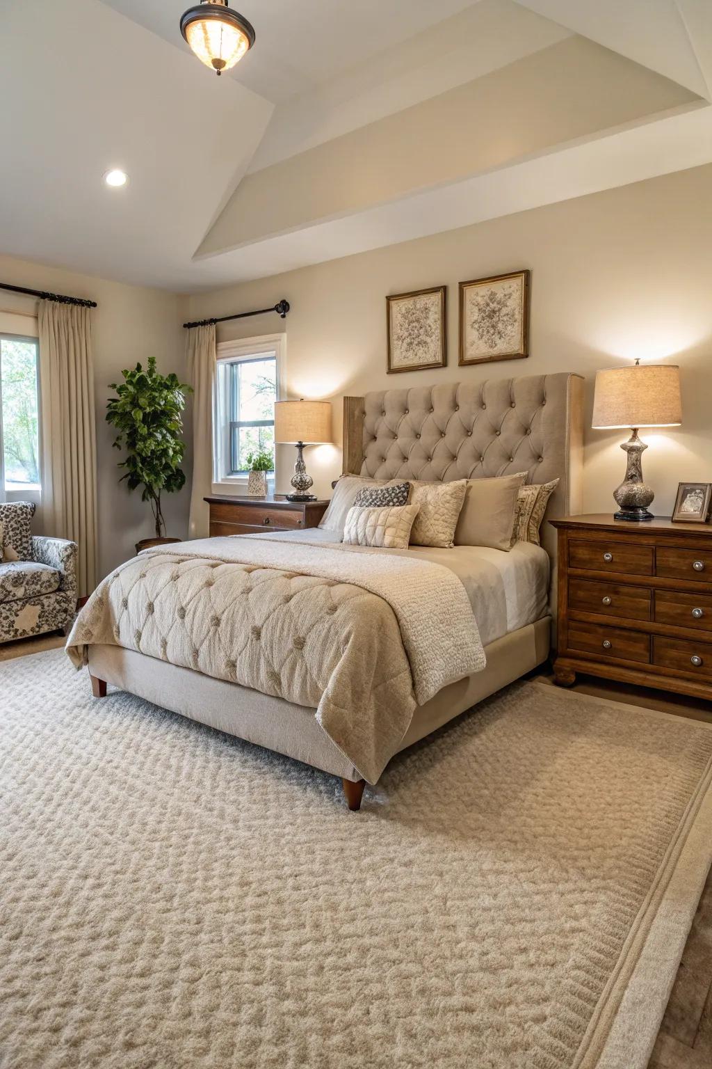 A diverse assortment of furniture enhances the neutral elegance of a beige carpet.