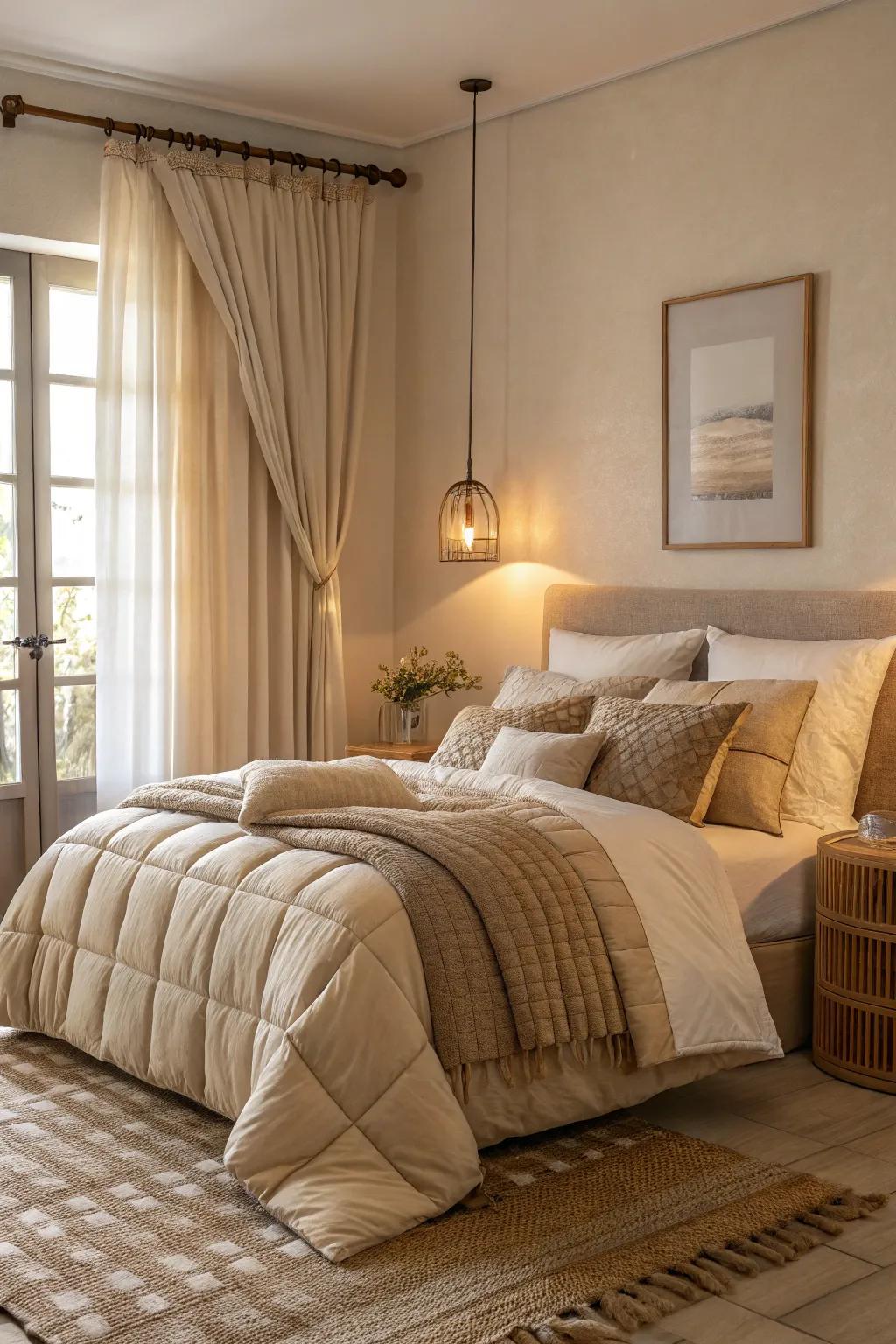 This bedroom is made more luxurious by the layering of bedding in various beige shades.