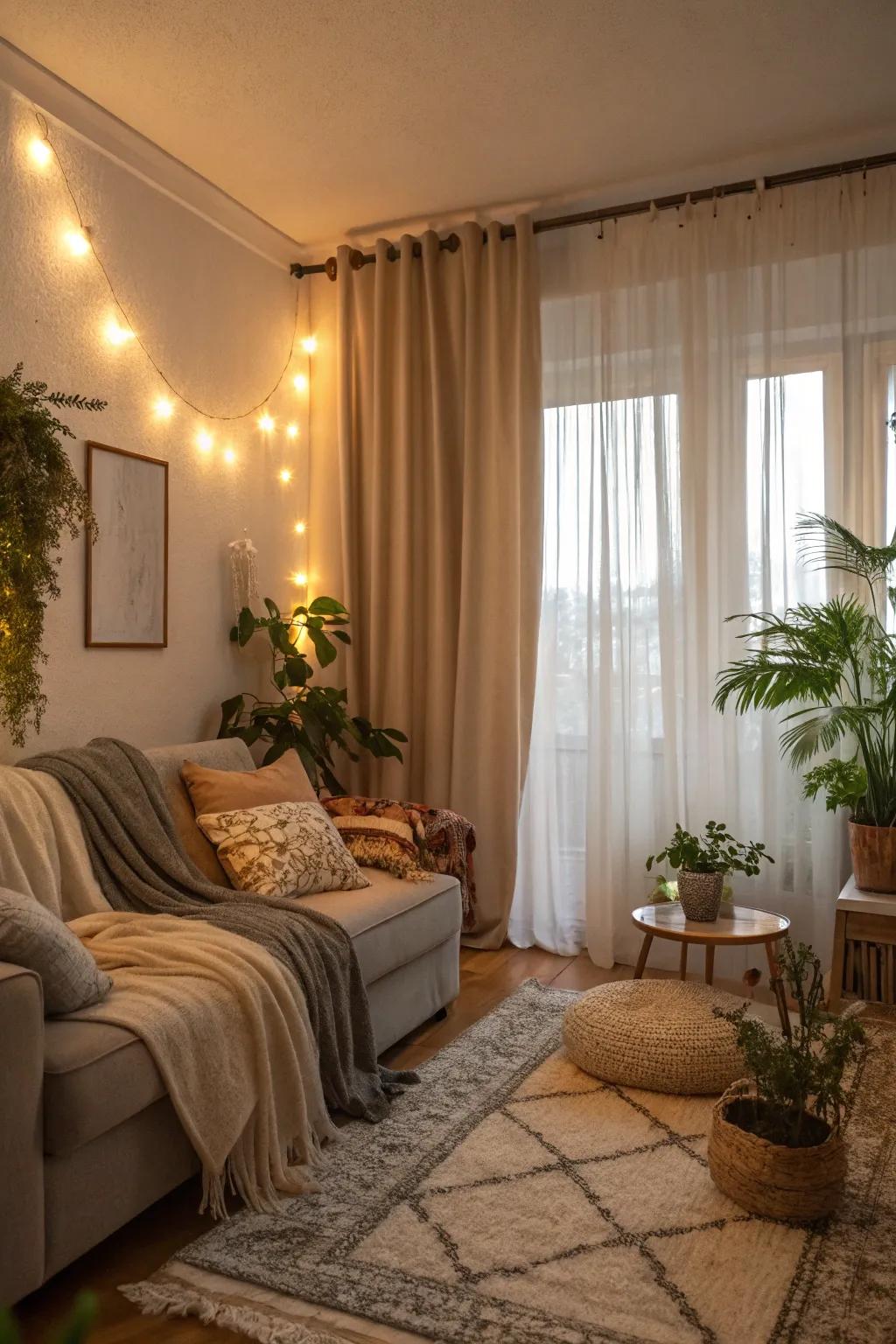 Layered window coverings offer both practicality and style.