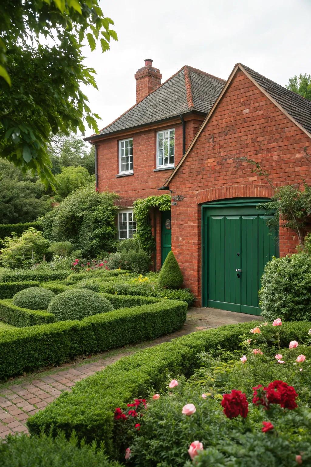 A green garage door blends beautifully with surrounding greenery.