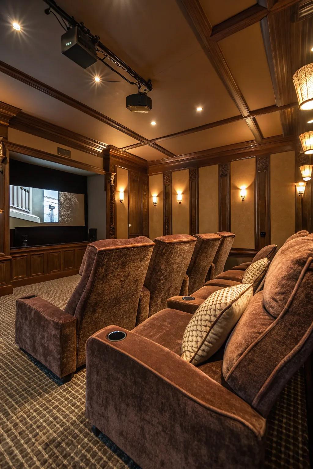 Textured velvet seats adding warmth and depth to this home theater.
