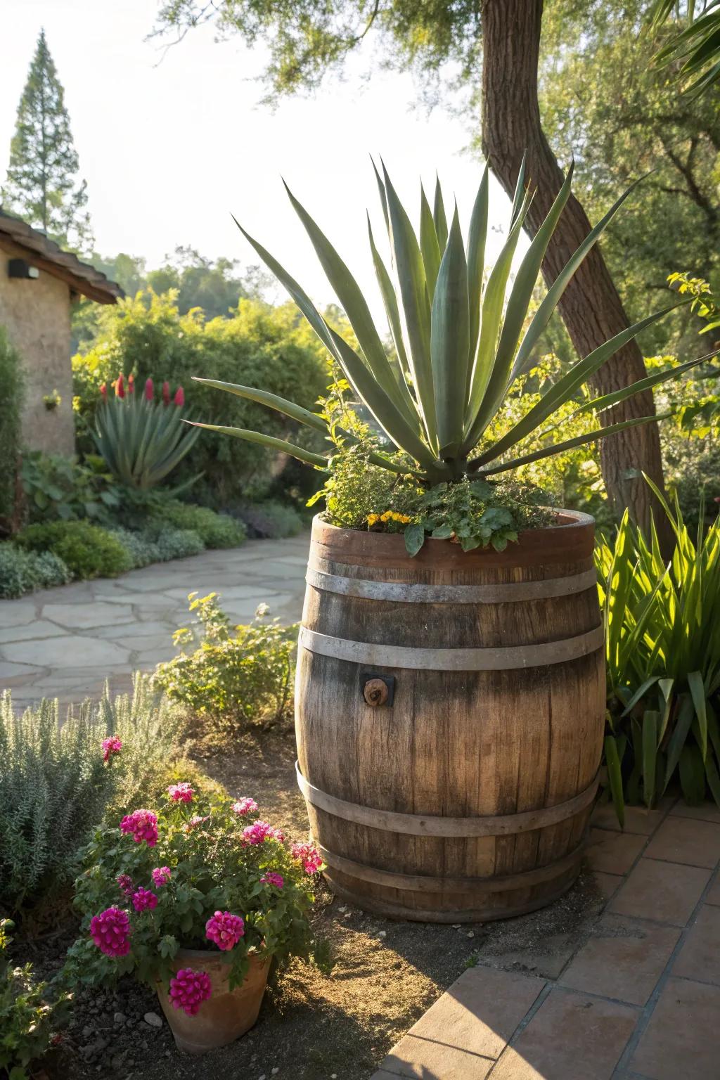 The striking silhouette of a Sword Plant in a whiskey barrel.